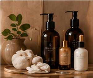 Amber and ivory bath and body bottles beside soft cotton towels and green leaves